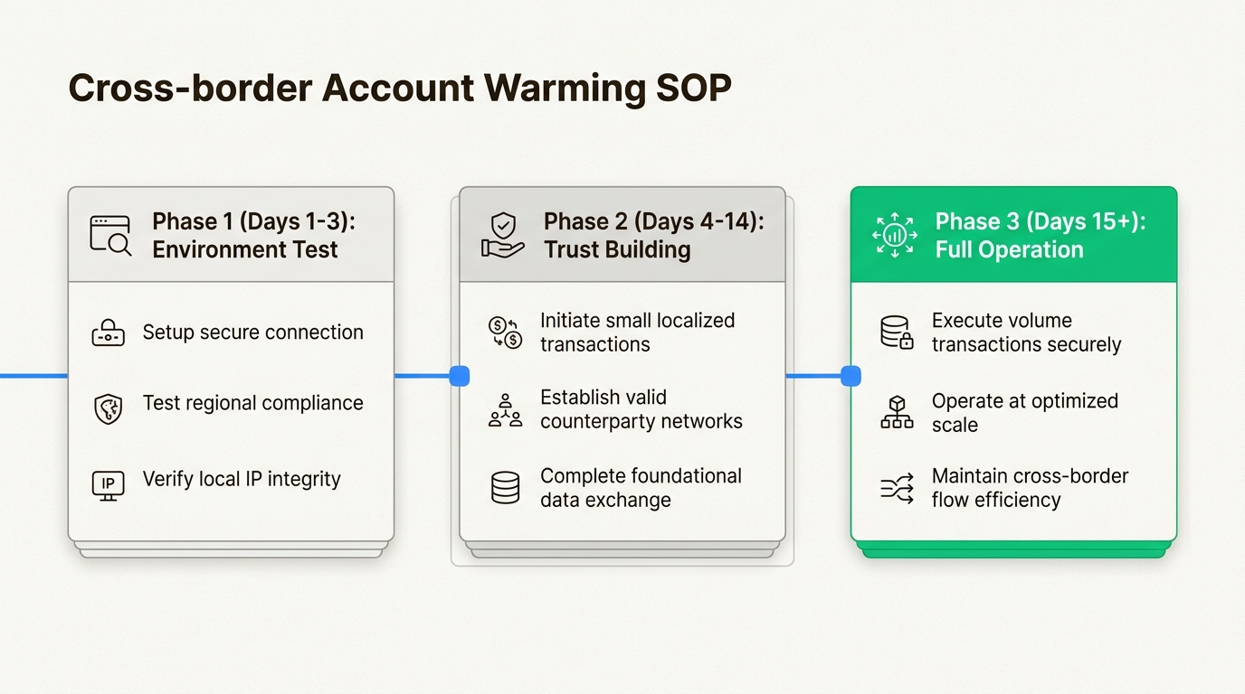 Follow this 3-phase account warming timeline to systematically build trust and authority, minimizing ban risks for your cross-border accounts.