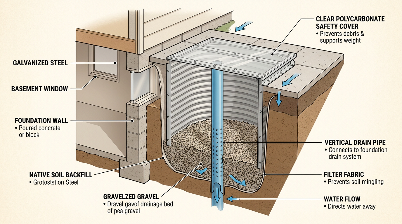 Expert basement waterproofing advice suggests that properly installed window wells with dedicated drainage prevent water from pooling and leaking through basement window seals.
