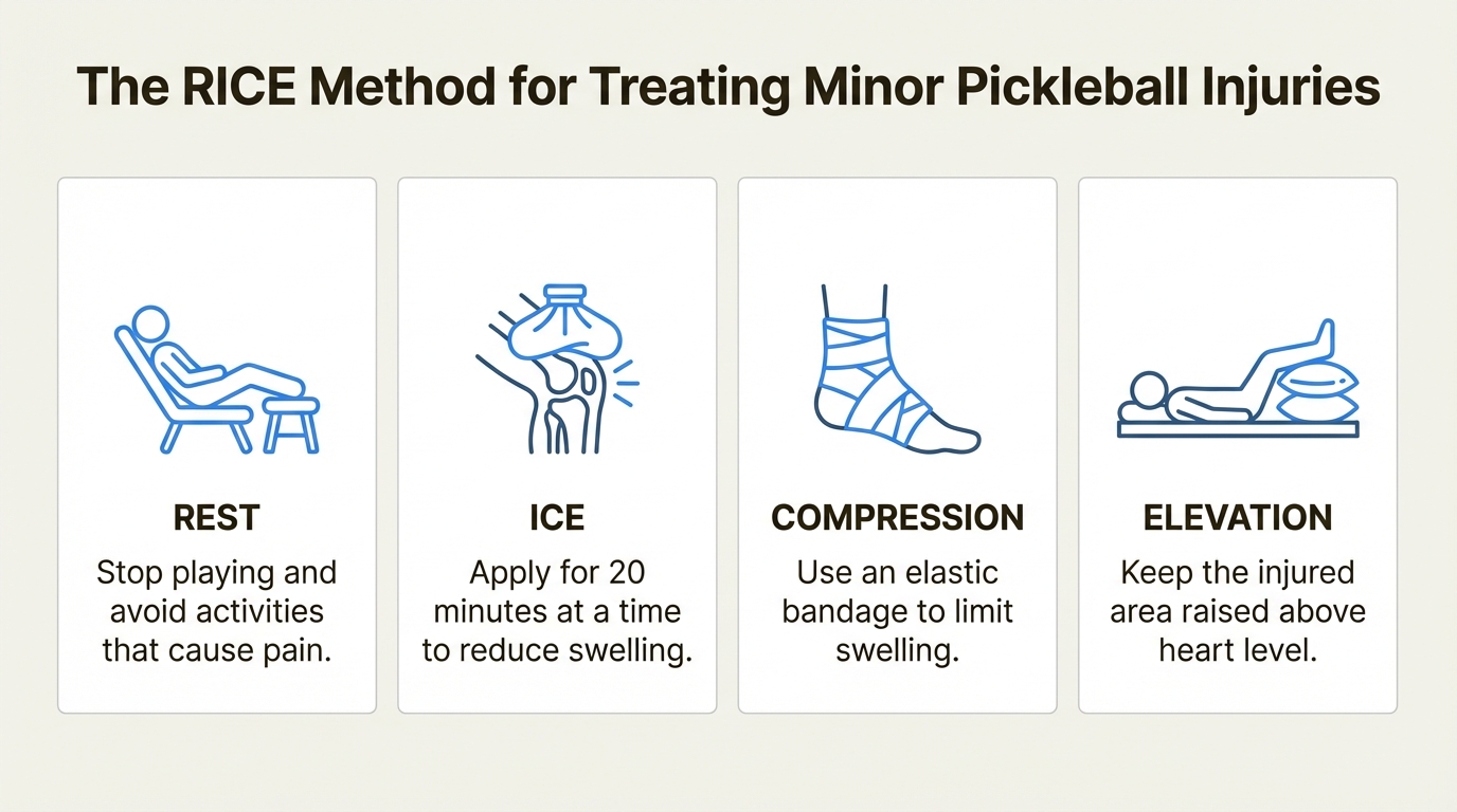 An infographic explaining the RICE method for treating minor pickleball injuries, with icons for Rest, Ice, Compression, and Elevation.