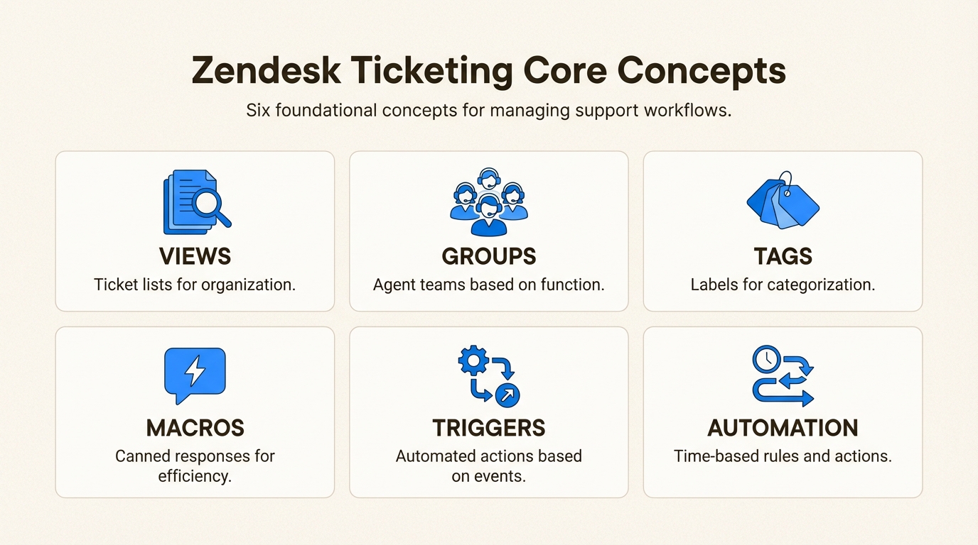 Conceitos-chave da terminologia do Zendesk, incluindo visualizações, grupos, tags, macros, gatilhos e automação com ícones e descrições.