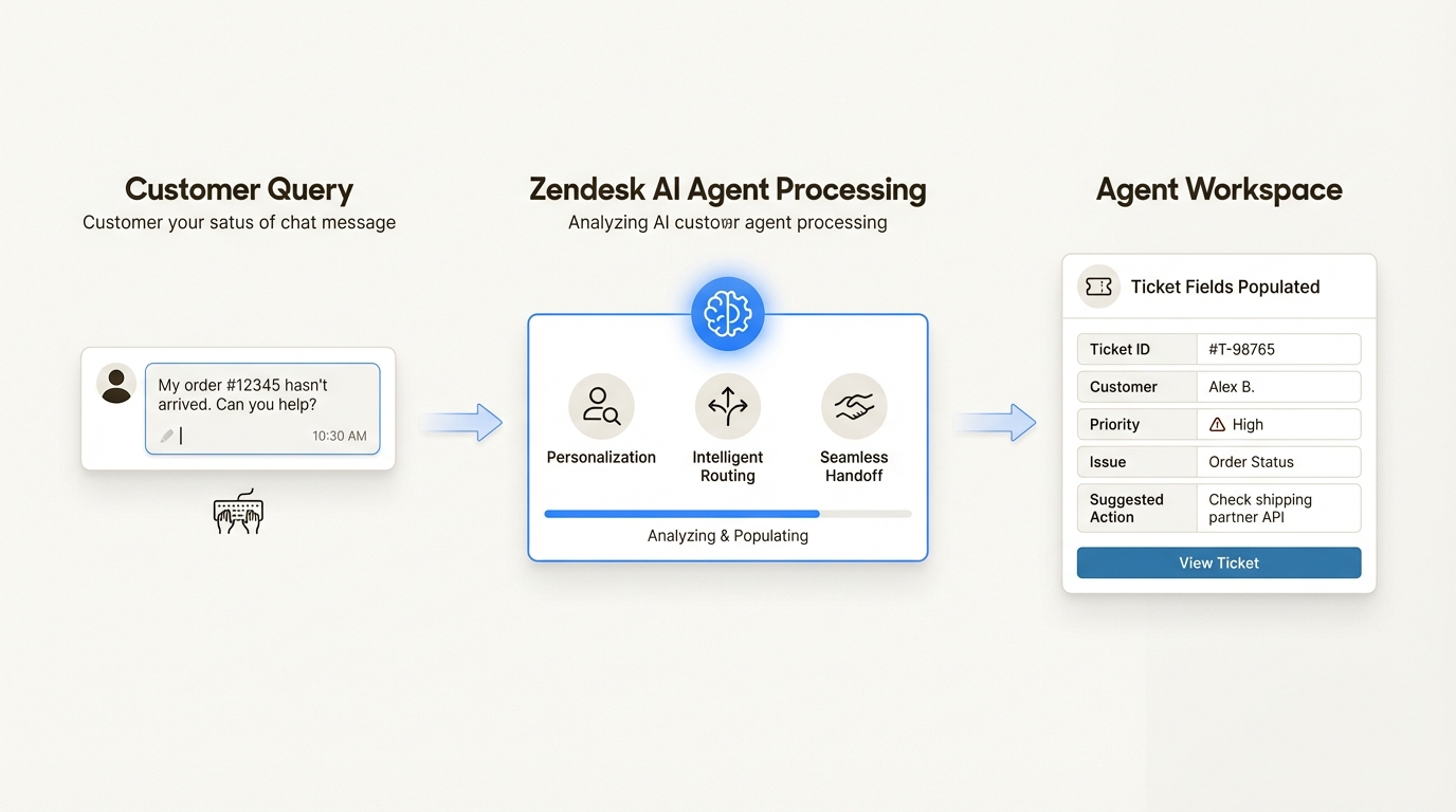 Fluxo de dados mostrando como a captura antecipada de informações do cliente permite um serviço personalizado e garante que os tickets cheguem à equipe de suporte certa instantaneamente.