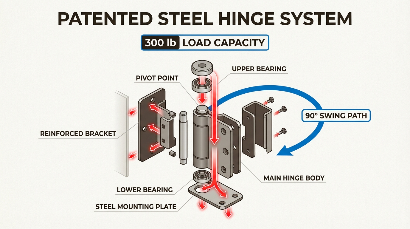 This patented hinge system enables heavy storage loads to move smoothly without damaging floors or requiring wheels.
