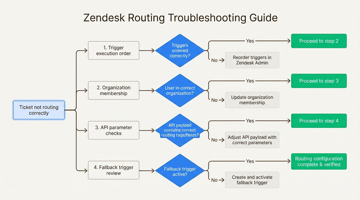 Usa este diagrama de flujo de solución de problemas para identificar y resolver rápidamente errores de configuración comunes, como conflictos de disparadores o datos de organización faltantes.