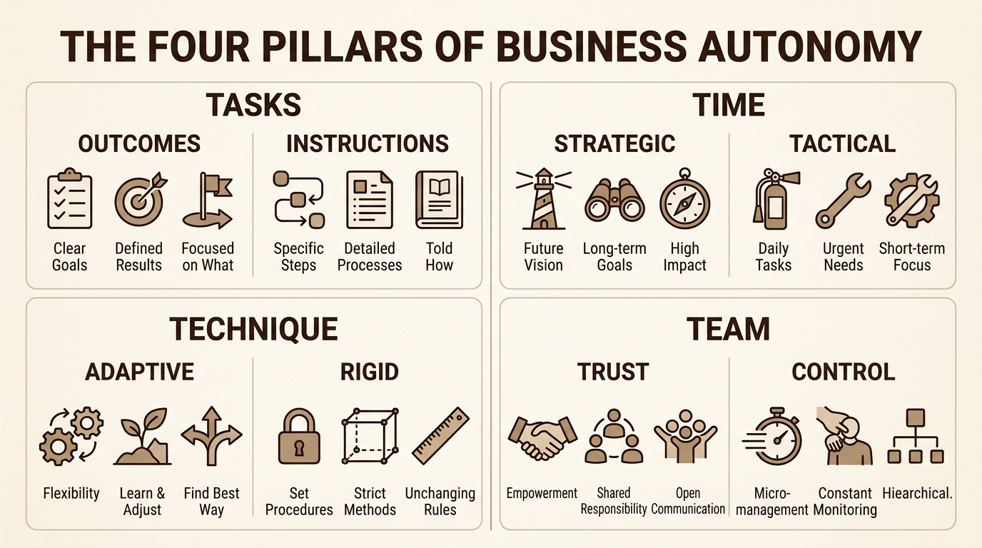 Understand the four pillars of business autonomy as a strategic framework for leaders to transition from micromanagement to a state of effortless, self-governing action.