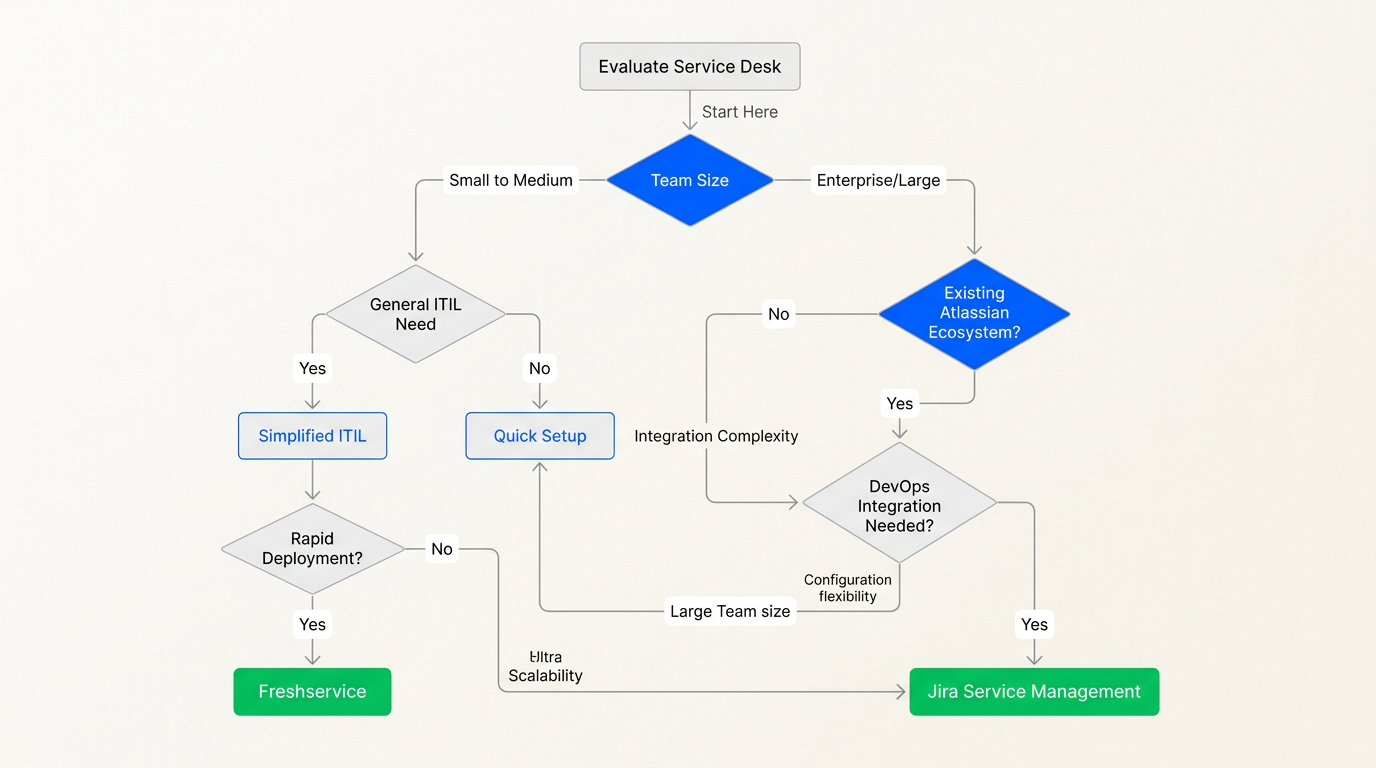 Estrutura de decisão para selecionar a plataforma ITSM certa com base na maturidade técnica, ferramentas existentes e escala da sua organização.