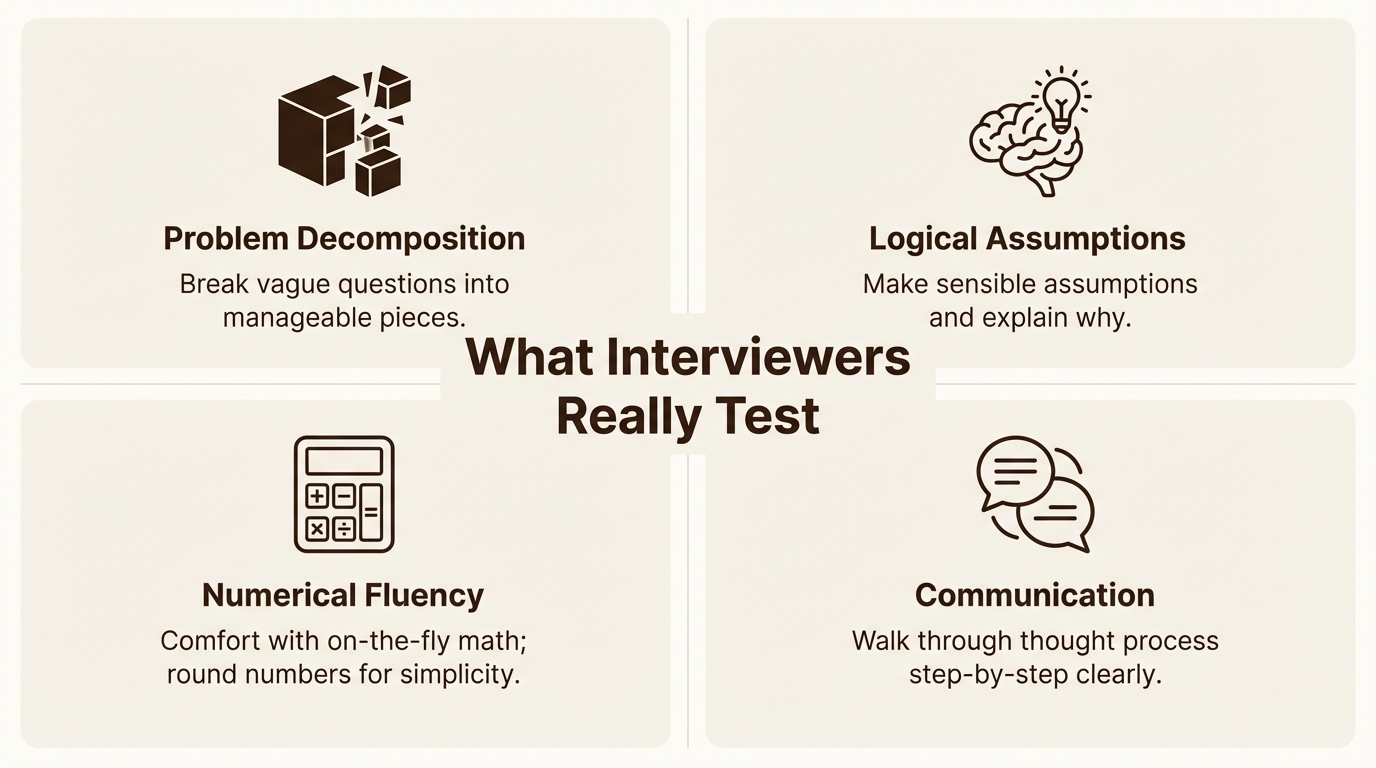 An infographic showing the four key skills interviewers test for in guesstimate interview questions and answers.
