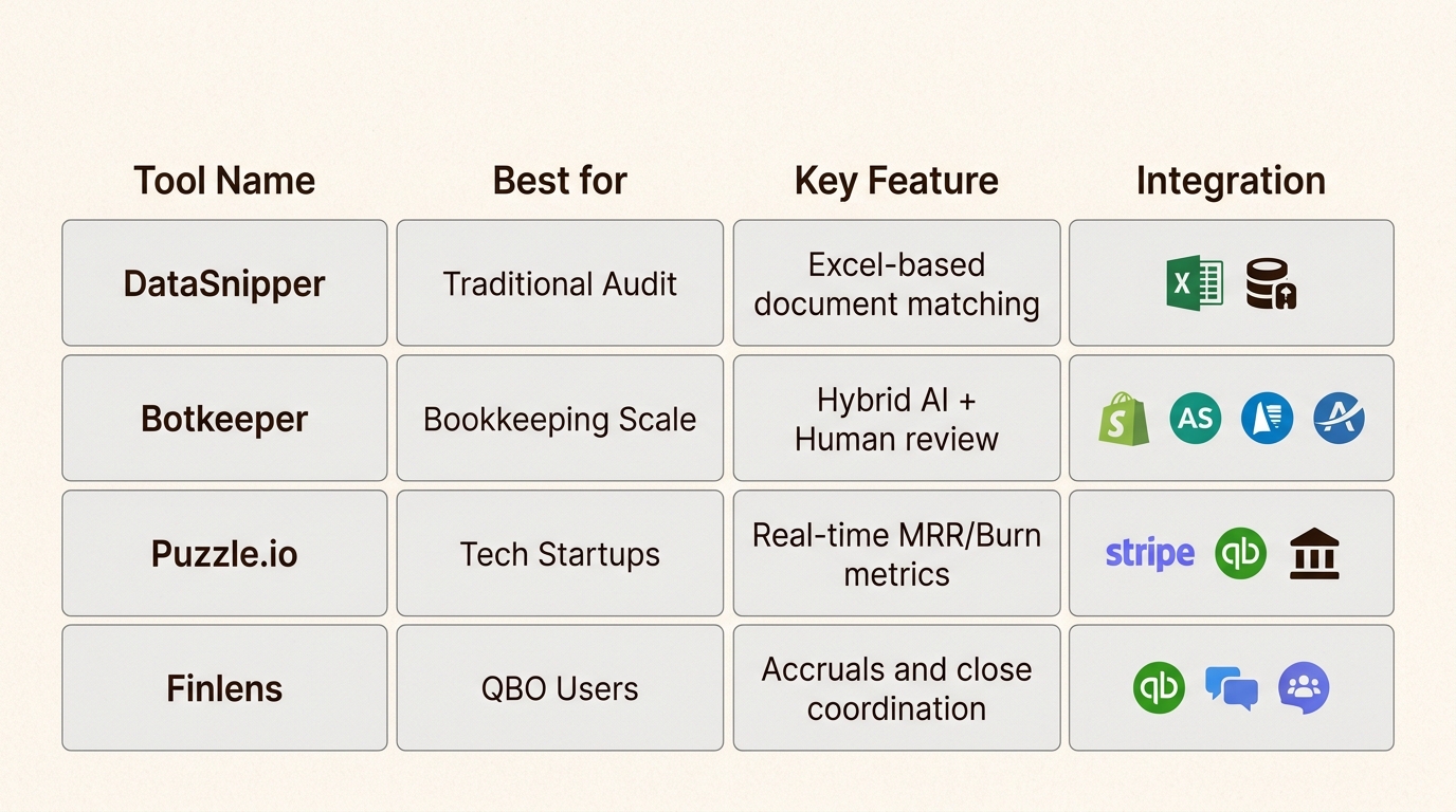 Compare DataSnipper, Botkeeper, Puzzle.io, and Finlens to identify the best AI audit tool for your firm's specific needs and client base.