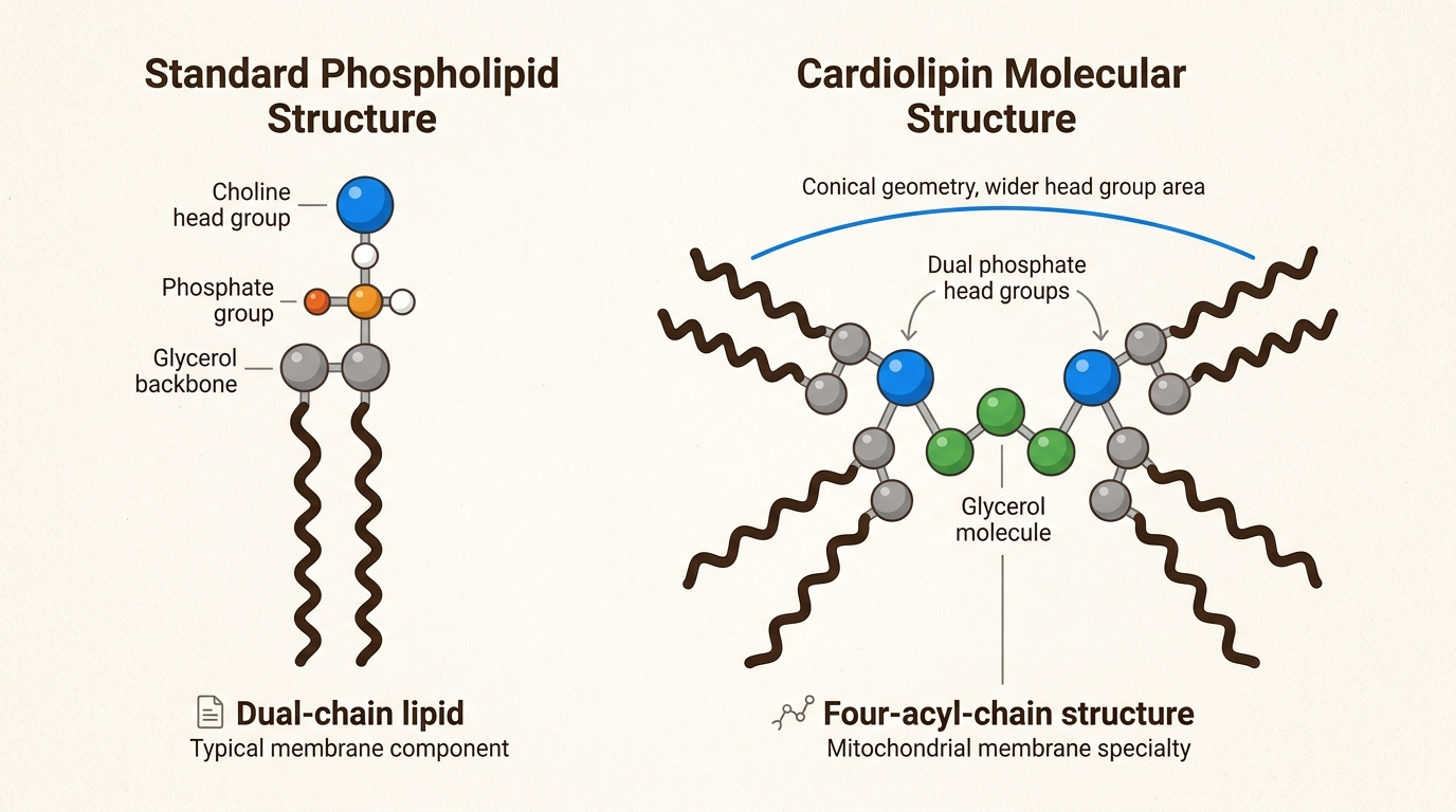 The unique quadruple-chain structure of cardiolipin acts as the molecular glue that stabilizes the energy-producing machinery within the inner mitochondrial membrane.
