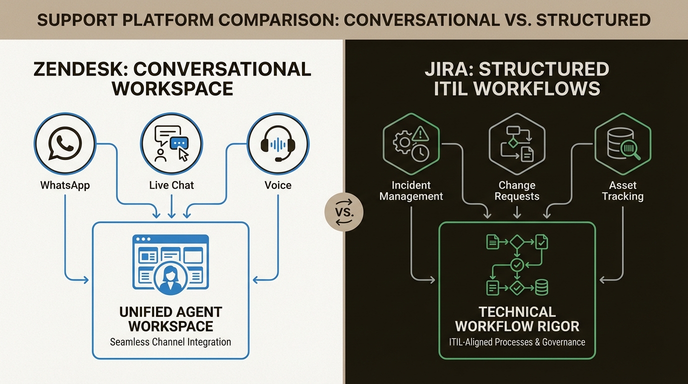 Comparison diagram highlighting Zendesk's customer conversation focus versus Jira Service Management's structured IT workflows