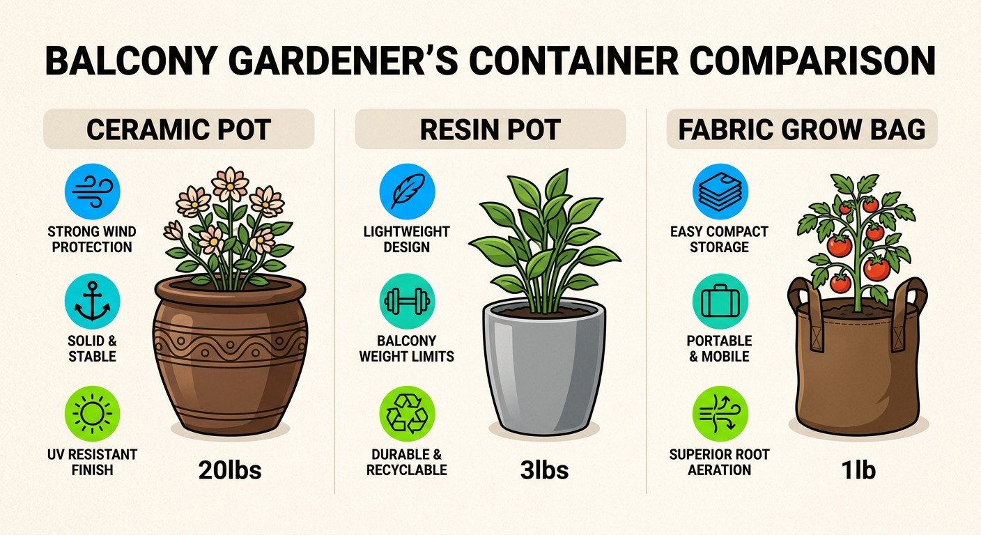 Selecting the appropriate container material is crucial, balancing factors like your balcony's weight capacity, wind exposure, and plant needs.