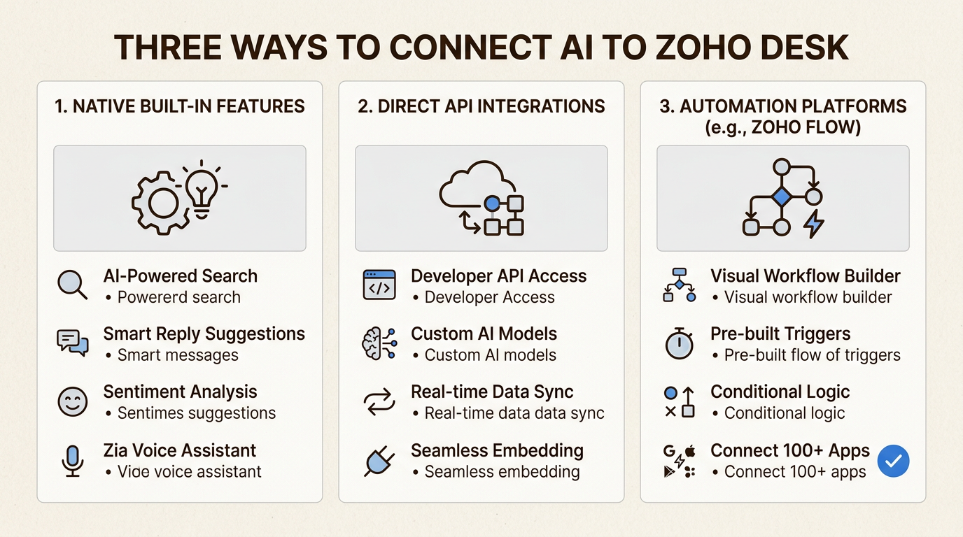 Escolher o método de integração certo equilibra a velocidade de configuração com a flexibilidade de longo prazo da sua automação de suporte.