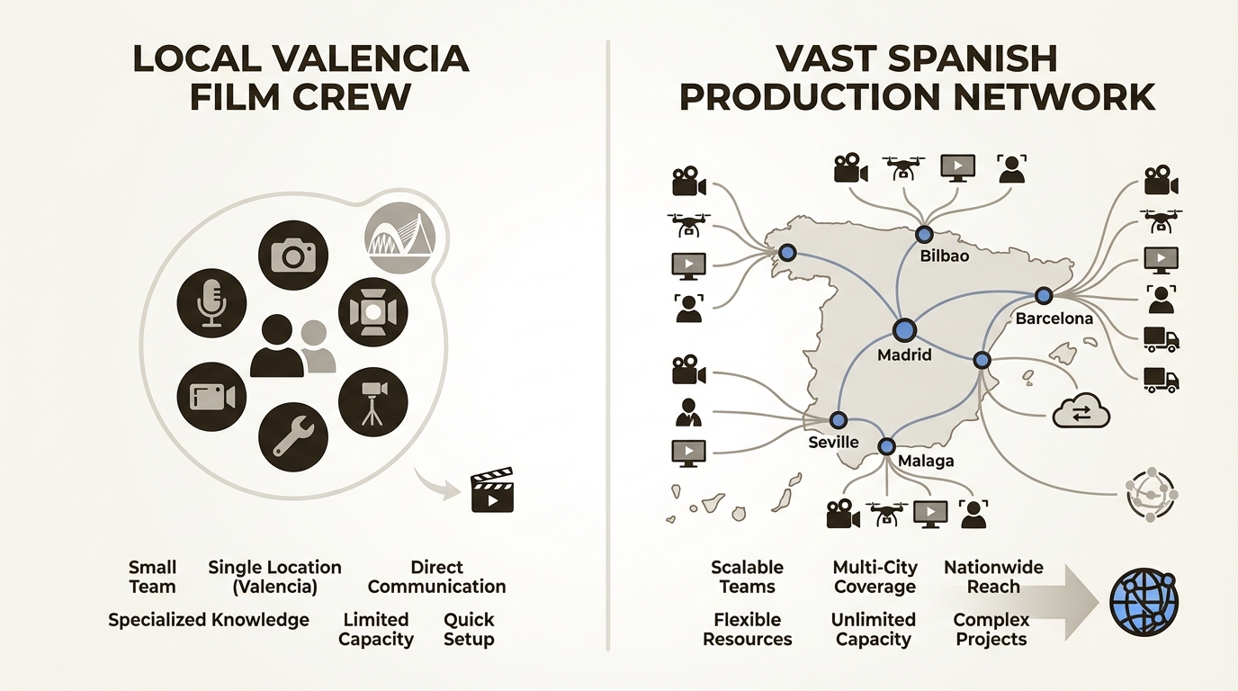 Comparativa entre productora local y nacional según escala del proyecto
