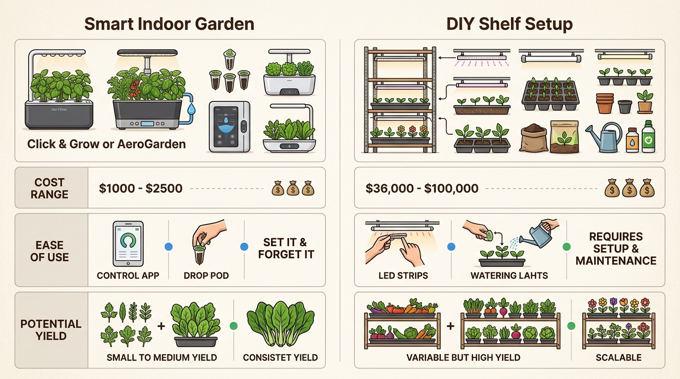 Compare smart garden systems with DIY setups to choose the best option for your budget, automation preferences, and yield goals.