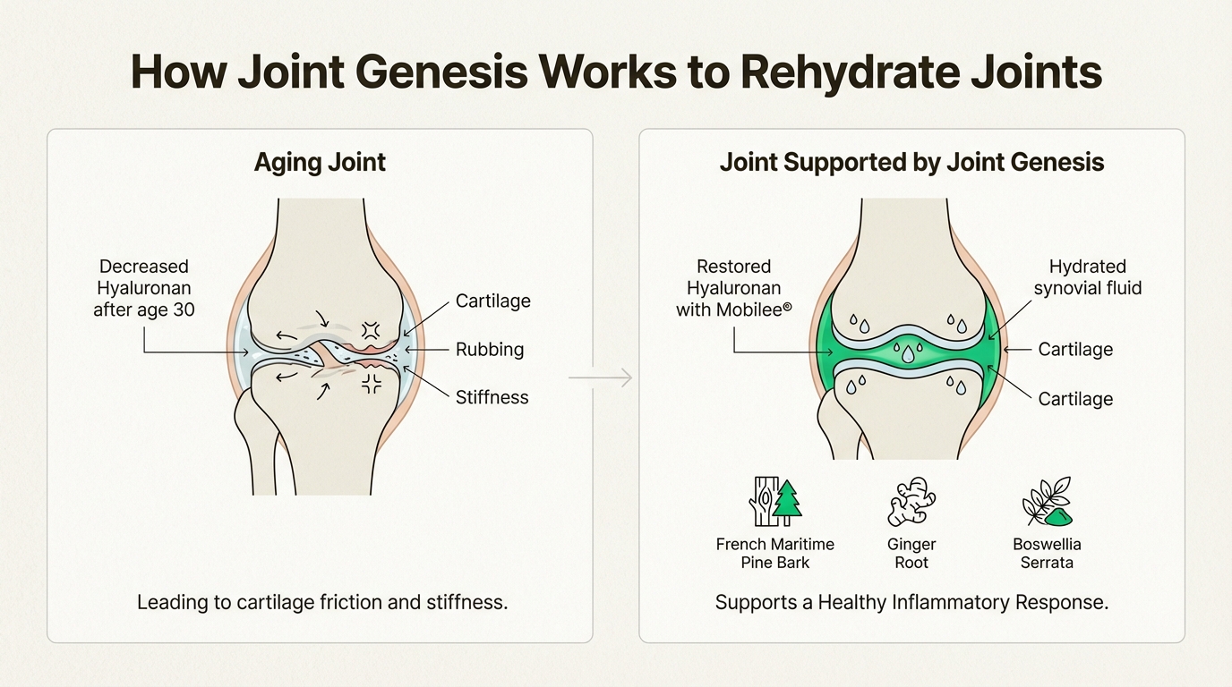 An infographic explaining how Joint Genesis works by restoring hyaluronan in the synovial fluid to cushion joints.