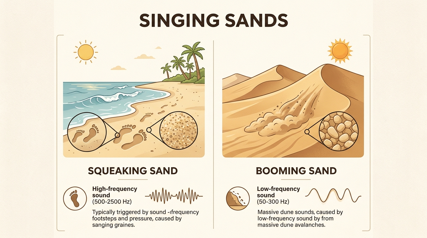 Understanding the acoustic differences helps distinguish between the common beach squeak and the rare, thunderous boom of desert dunes.