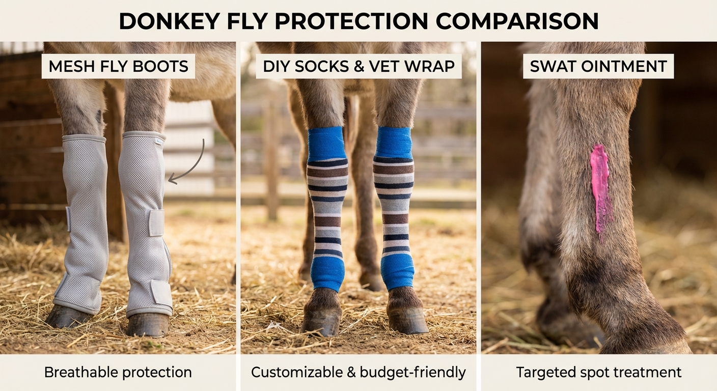 Choosing between commercial fly boots, DIY socks, or repellent ointments depends on your donkey's leg shape and tolerance for gear.