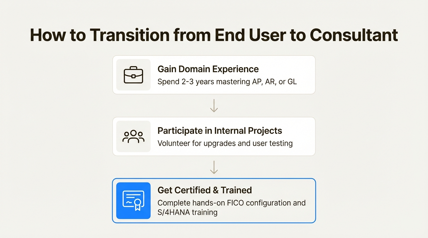 A 3-step workflow showing the transition path from SAP FICO End User to Consultant, starting with gaining domain experience.