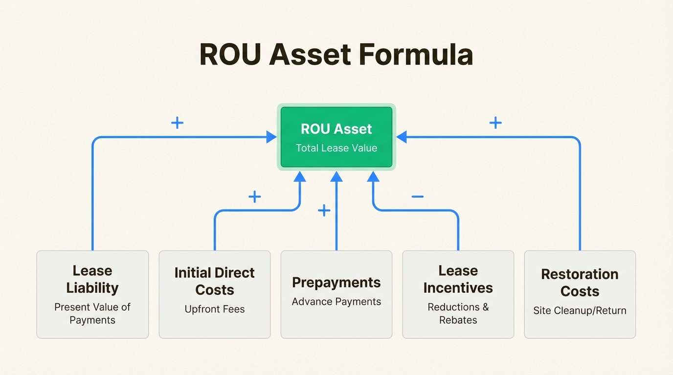 ROU asset builds on the lease liability with additional costs specific to obtaining the lease