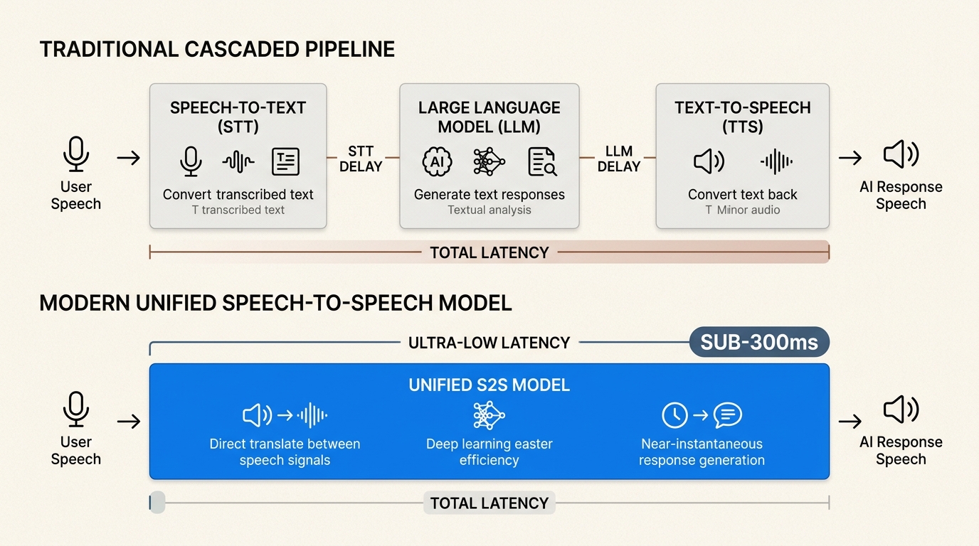 Unified speech-to-speech architectures merge recognition, reasoning, and generation, drastically reducing latency for fluid, real-time voice interactions.