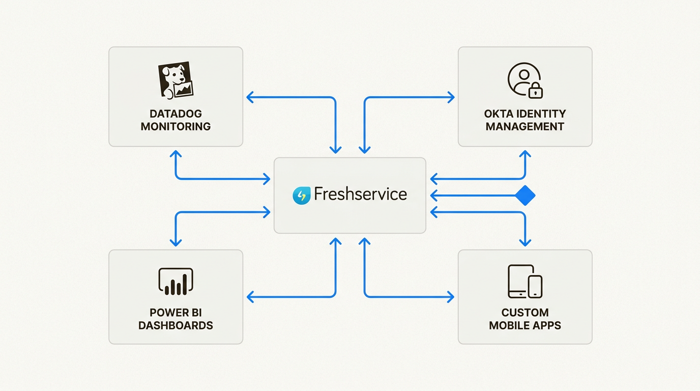 このアーキテクチャの概要は、Freshservice APIがITエコシステム全体でデータを同期するための中央ハブとしてどのように機能するかを示しています。