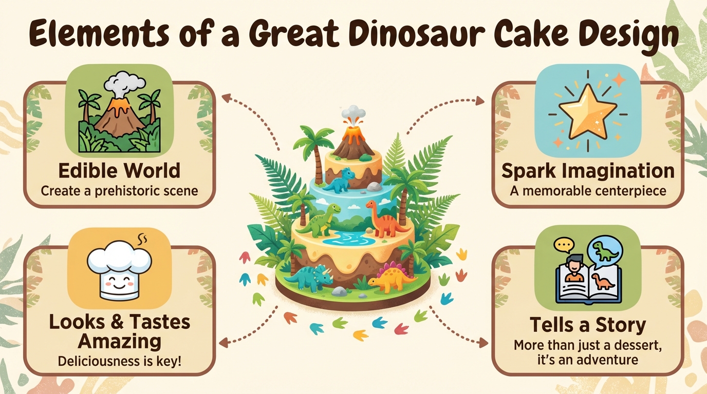 An infographic explaining the key elements of a great dinosaur cake design, including creating an edible world and telling a story.