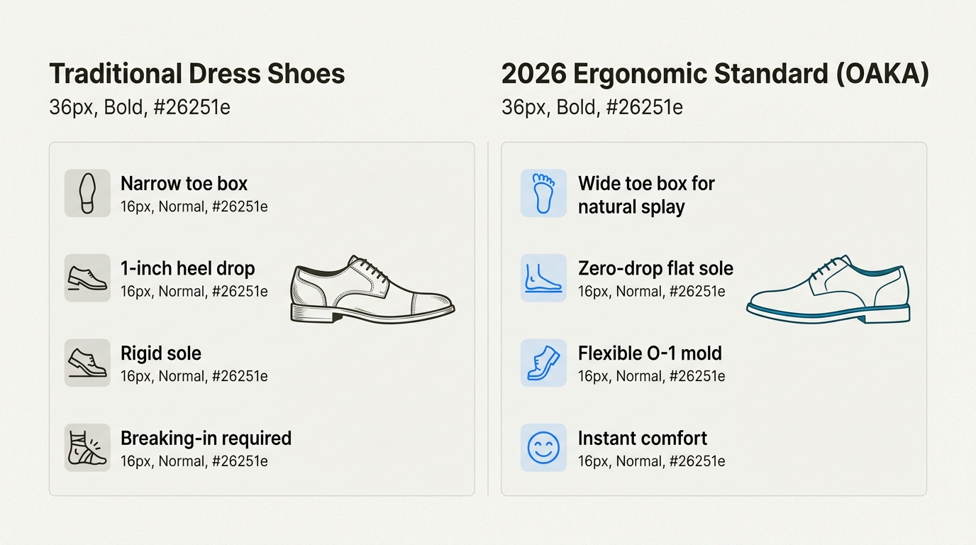 Understand the key differences between traditional dress shoes and the ergonomic, barefoot-inspired designs defining comfort in 2026.