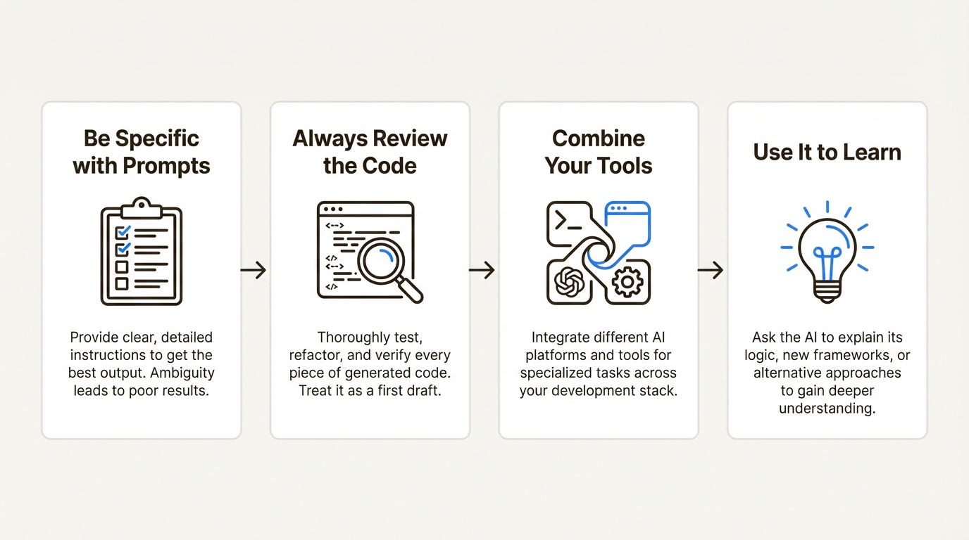A 4-step workflow diagram illustrating best practices for using AI coding tools.