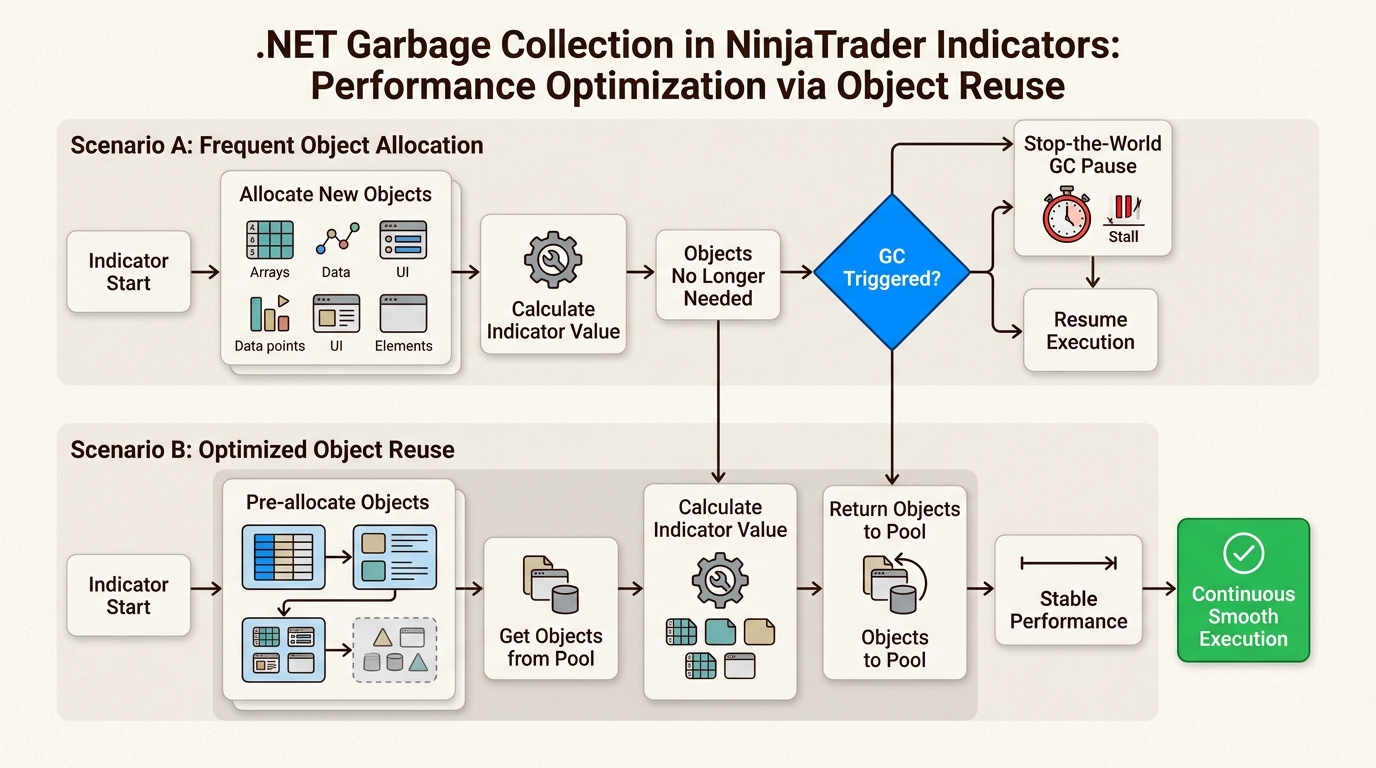 Managing memory pressure in custom NinjaScript indicators, through object reuse, reduces unpredictable execution stalls for smoother trading.