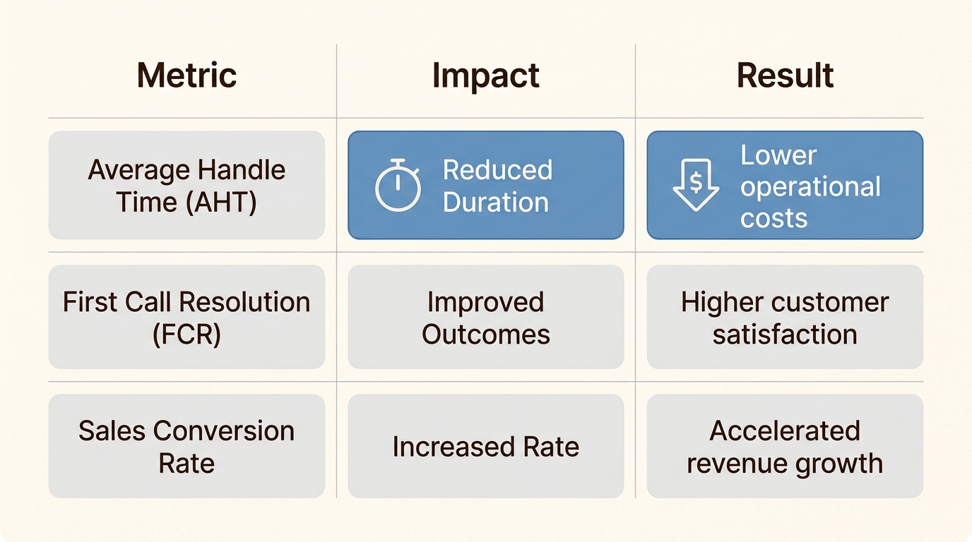 This table demonstrates how multilingual voice AI significantly reduces operational costs, boosts customer satisfaction, and accelerates revenue growth in contact centers and sales.