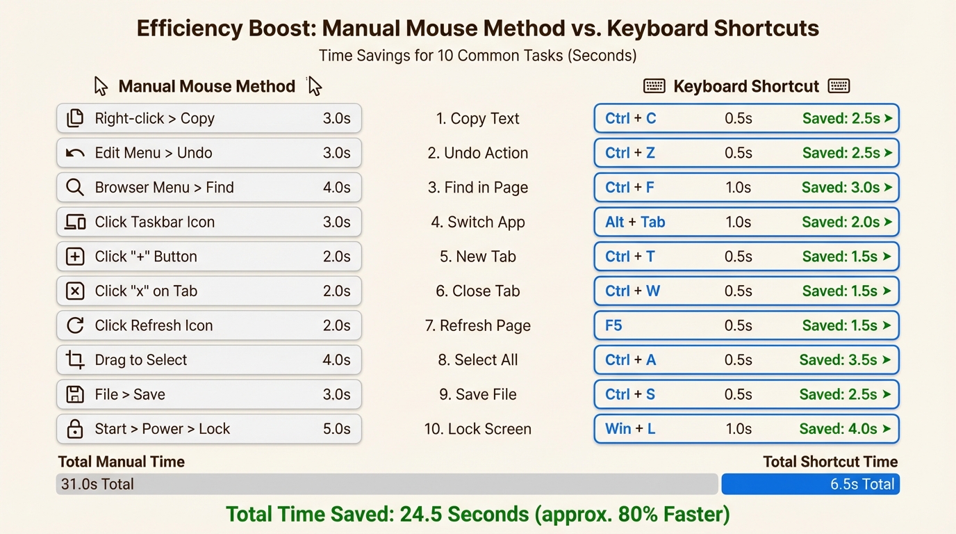 Keyboard shortcuts save 5-10 seconds per action, which adds up to minutes over a 30-minute test