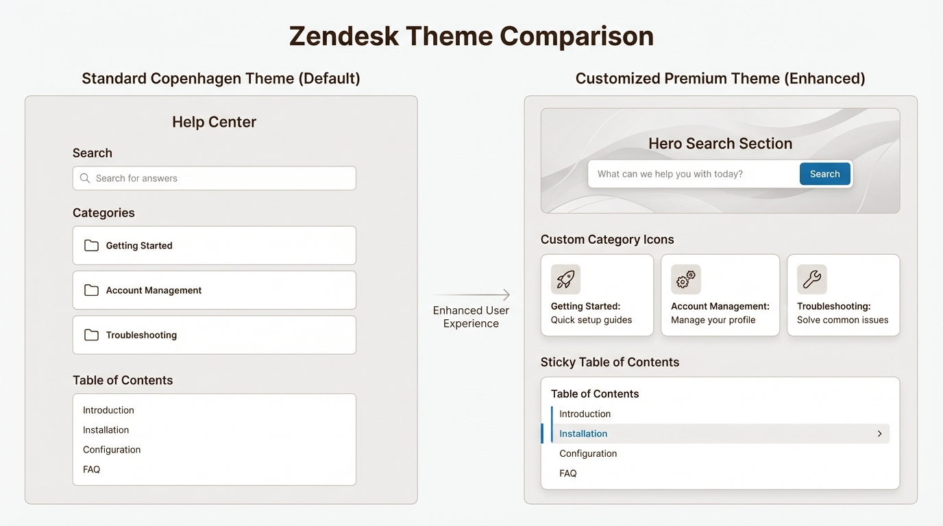 La actualización a un tema profesional crea una experiencia de marca que guía a los clientes a las respuestas de forma más eficiente que los diseños predeterminados.
