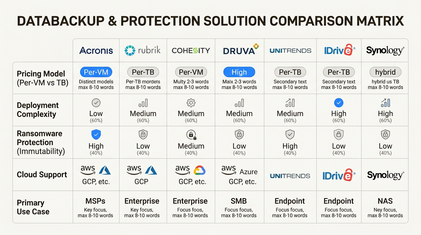 Comparison matrix of features and pricing across seven backup solutions