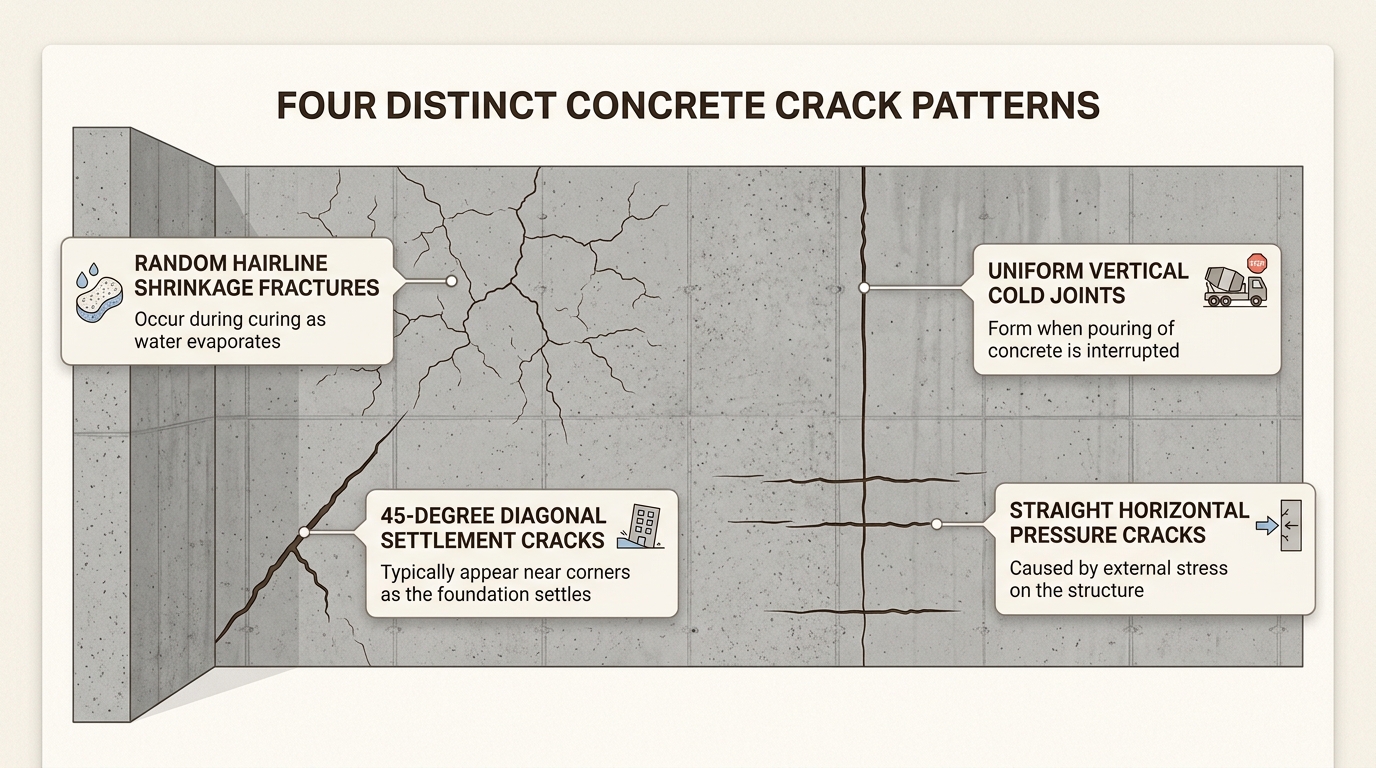 Recognizing these four common crack patterns in poured concrete helps homeowners distinguish between minor cosmetic shrinkage and serious structural settlement.