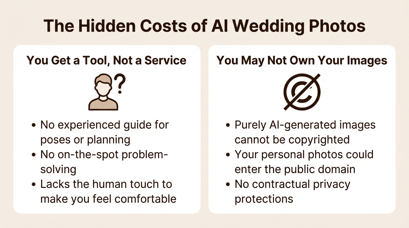 An infographic detailing the hidden costs of using AI for wedding photos, such as lack of service and potential copyright issues.