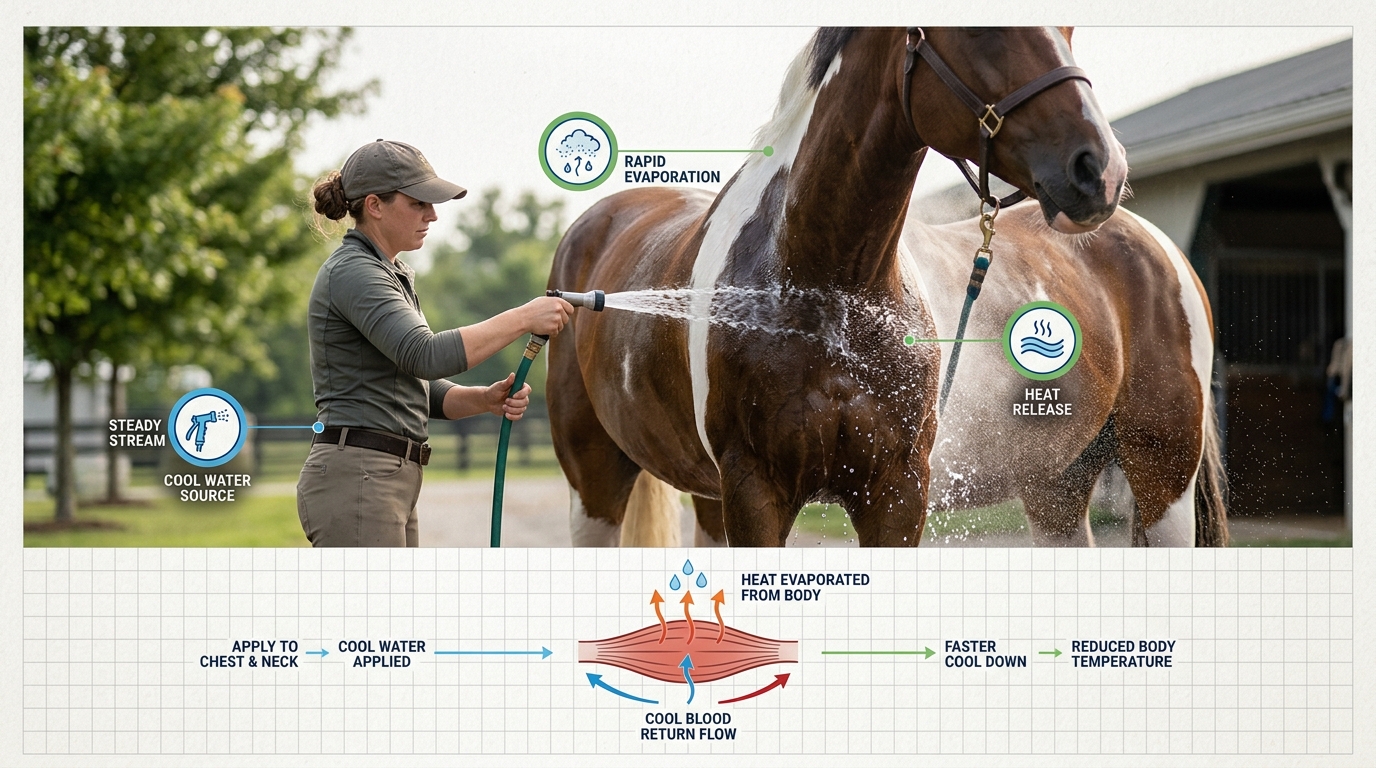 Continuous hosing of the chest and neck is the fastest way to lower a horse's core temperature and combat signs of heat stress.