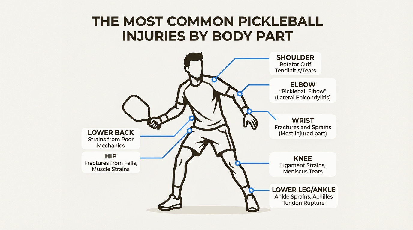 A diagram showing a pickleball player and highlighting the areas most prone to pickleball injuries, including the shoulder, elbow, wrist, hip, knee, and ankle.