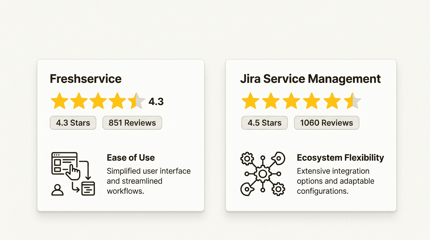 Les évaluations de Gartner fournissent une référence pour la satisfaction des utilisateurs, contrastant la convivialité de Freshservice avec la puissance de la plateforme de Jira.