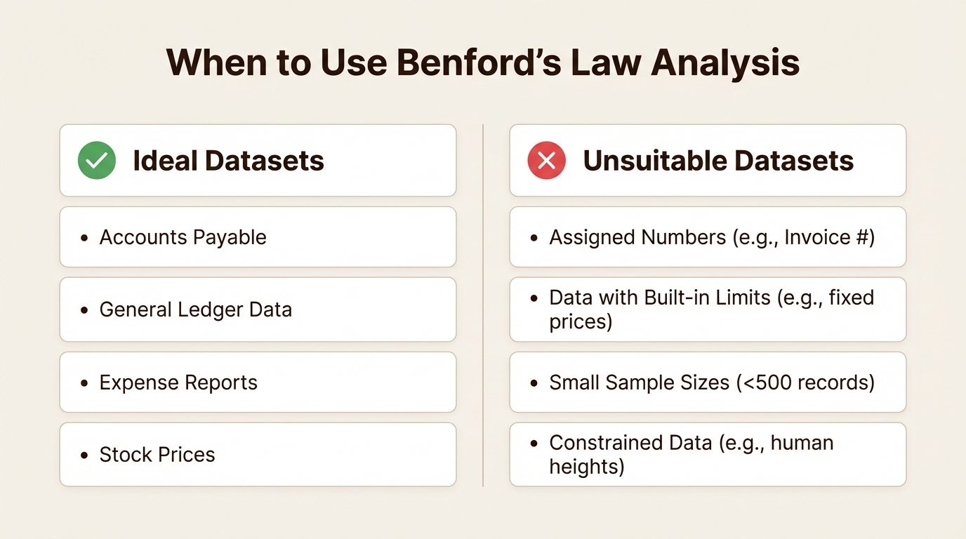 An infographic comparing suitable and unsuitable datasets for applying Benford's Law in Excel, with examples for each category.