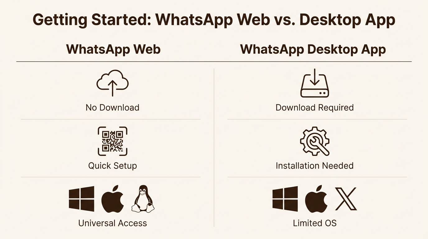 An infographic comparing the setup and OS support for WhatsApp Web vs the Desktop App.