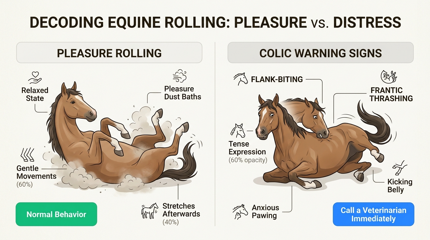 Recognizing the difference between a happy roll and a distress signal is crucial for early colic detection and veterinary intervention.
