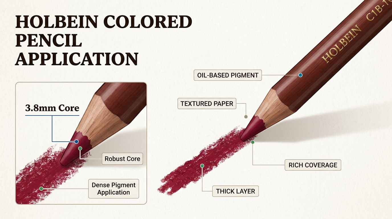 The Holbein pencil's substantial 3.8mm oil-based core ensures exceptional durability and allows for extensive layering without fear of breakage.