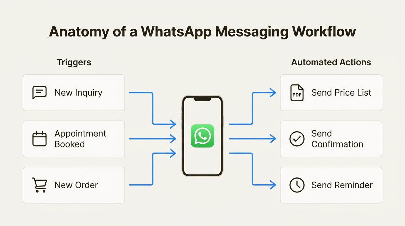An infographic explaining the key components of a WhatsApp messaging workflow, including triggers and automated actions.