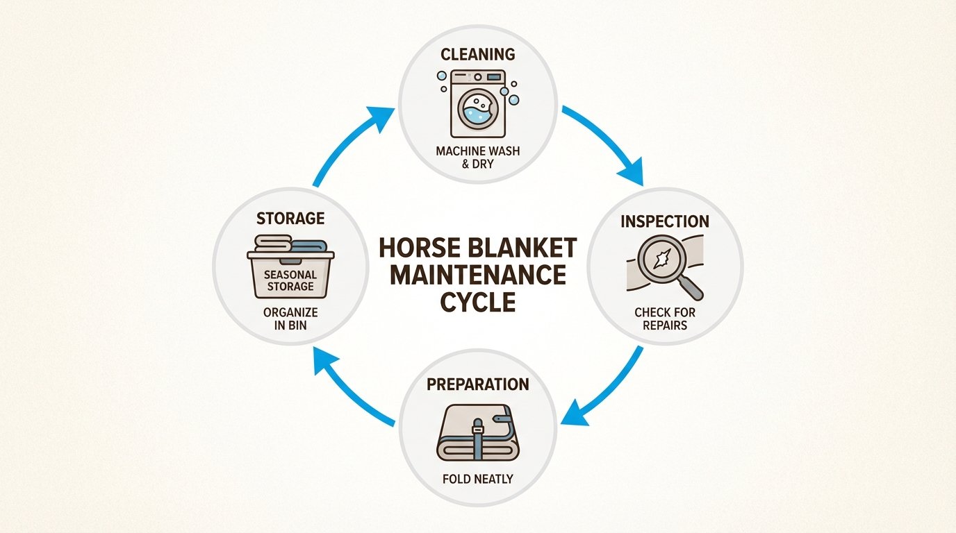 Following a consistent maintenance cycle ensures your horse blankets remain durable and effective for many winter seasons.