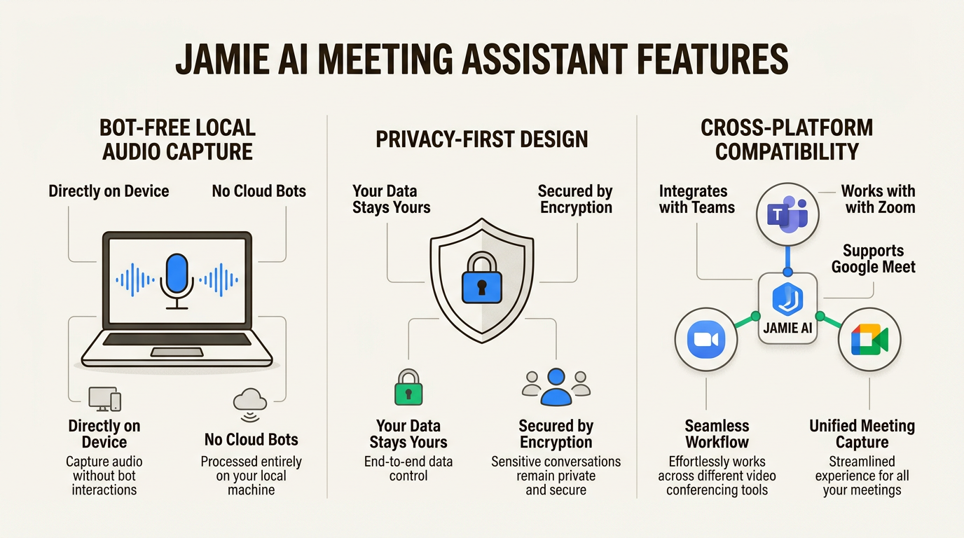 Infografía del asistente de reuniones de Jamie AI que muestra la captura de audio local sin bots y el diseño centrado en la privacidad.