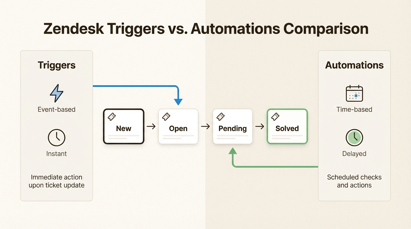 Comparaison visuelle des déclencheurs et des automatisations Zendesk montrant quand chacun se déclenche dans le cycle de vie du ticket