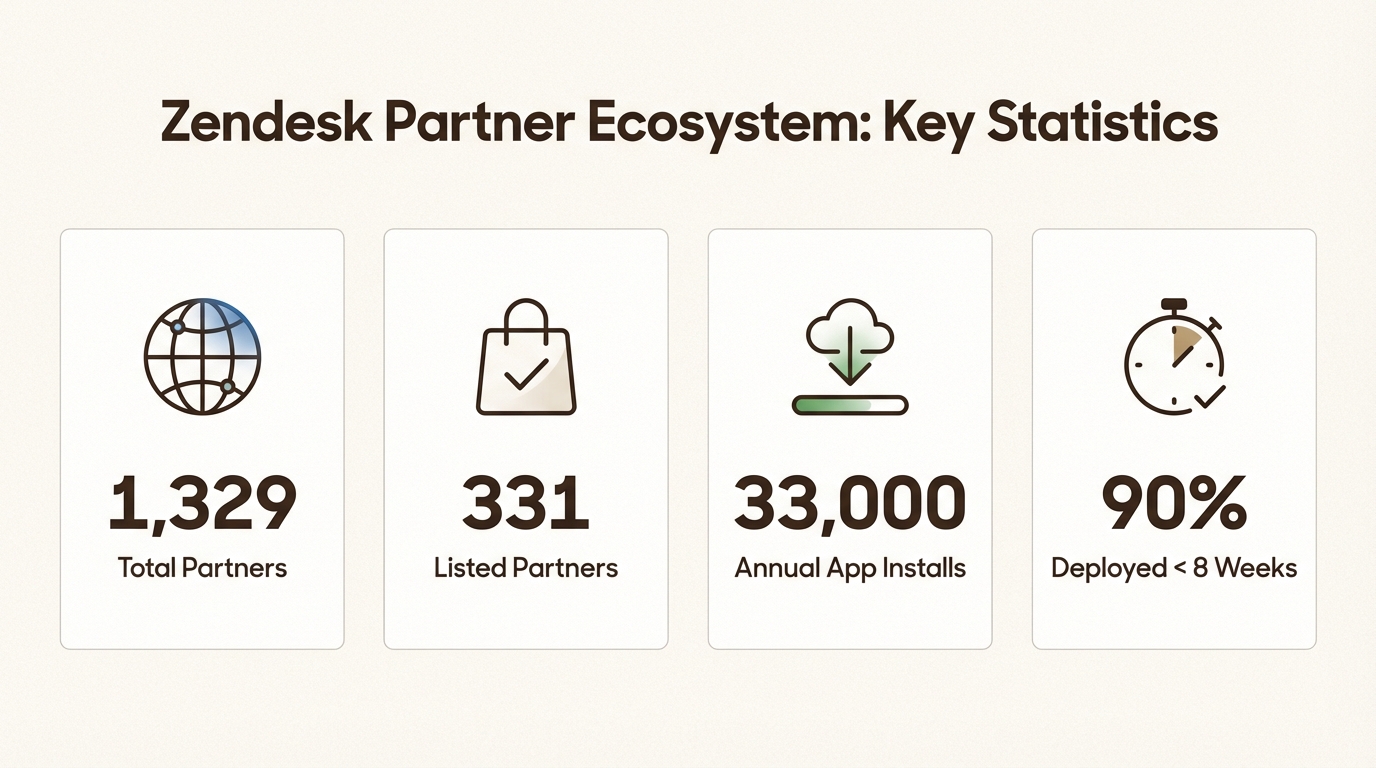 Infografía que muestra las estadísticas de la red de socios de Zendesk: más de 1329 socios, más de 331 socios en el mercado, más de 33 000 instalaciones de aplicaciones anuales