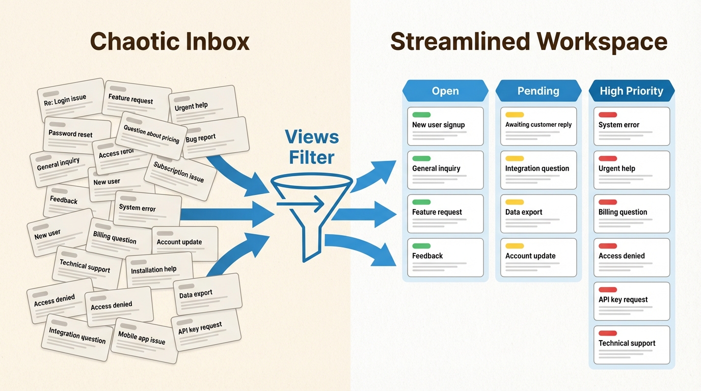 Las vistas estratégicas de tickets transforman una bandeja de entrada desorganizada en un flujo de trabajo priorizado, asegurando que los agentes aborden primero los problemas más críticos de los clientes.