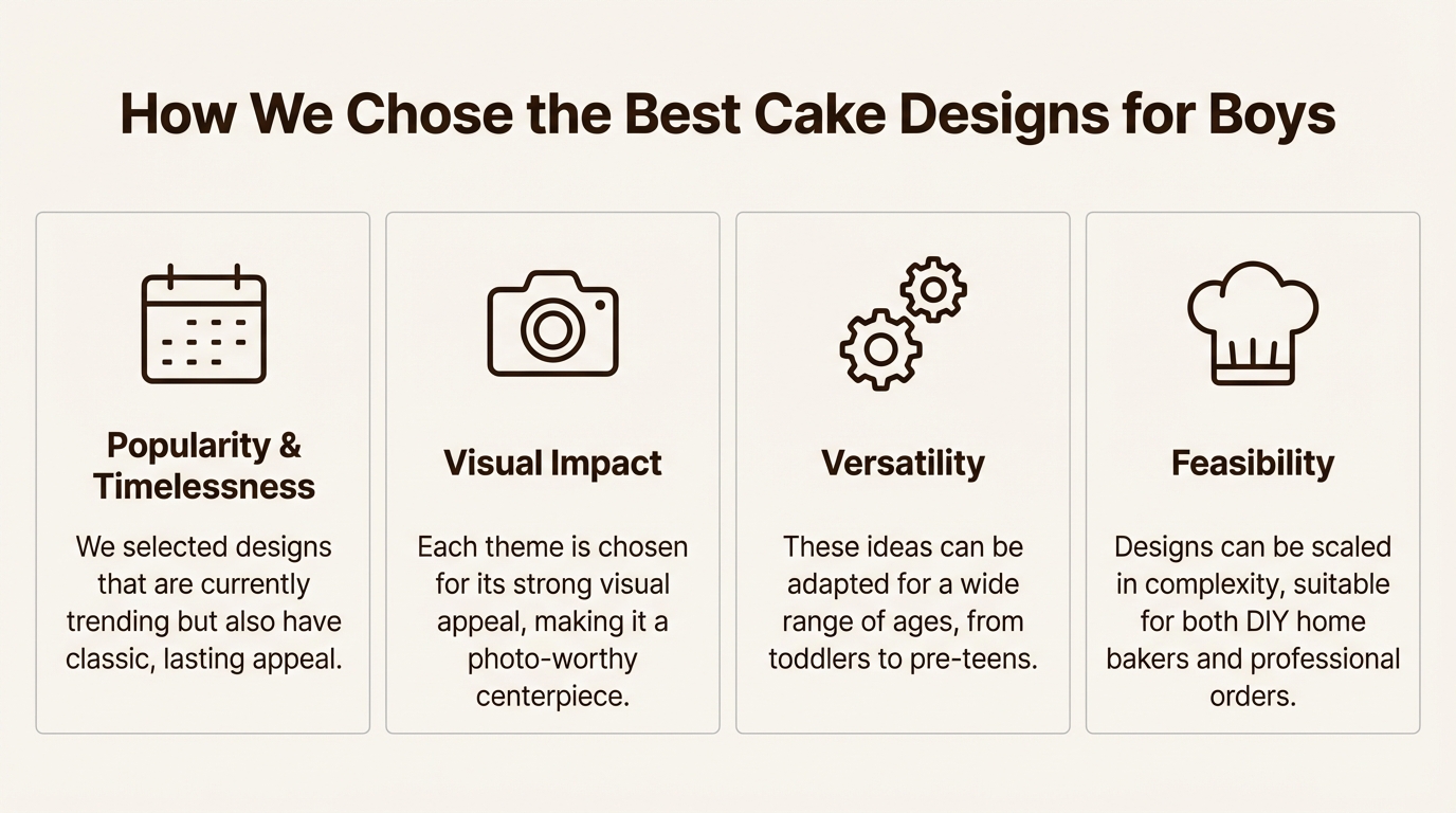 An infographic showing the criteria used to select the cake design ideas for boys birthday celebration, including popularity, visual impact, versatility, and feasibility.