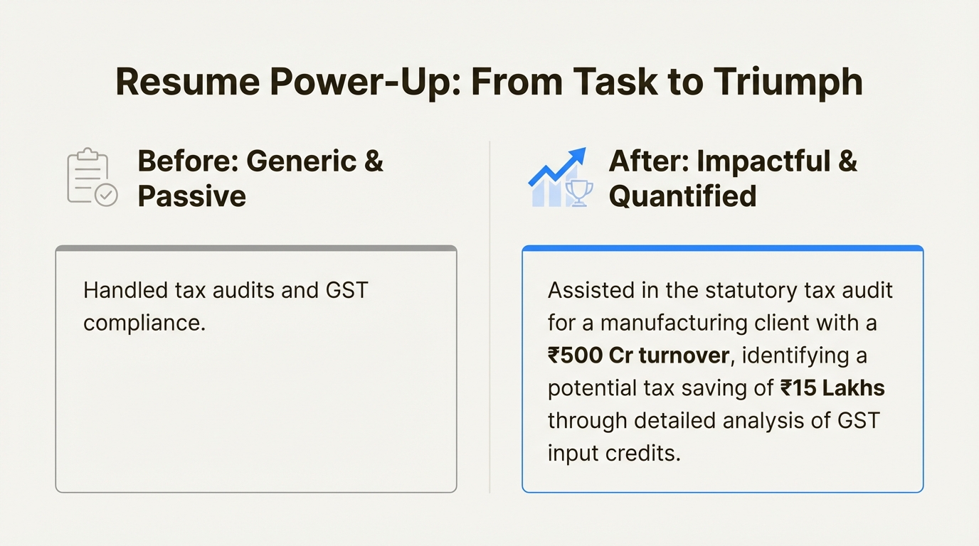 An infographic comparing a generic resume responsibility to an achievement-driven one for a CA with multiple attempts.