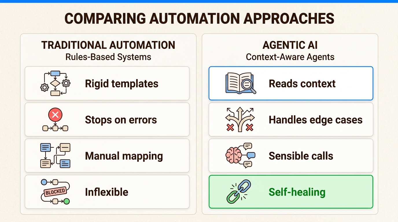 Explore the key differences between traditional automation and Agentic AI, highlighting how Agentic AI intelligently handles complex exceptions and context.